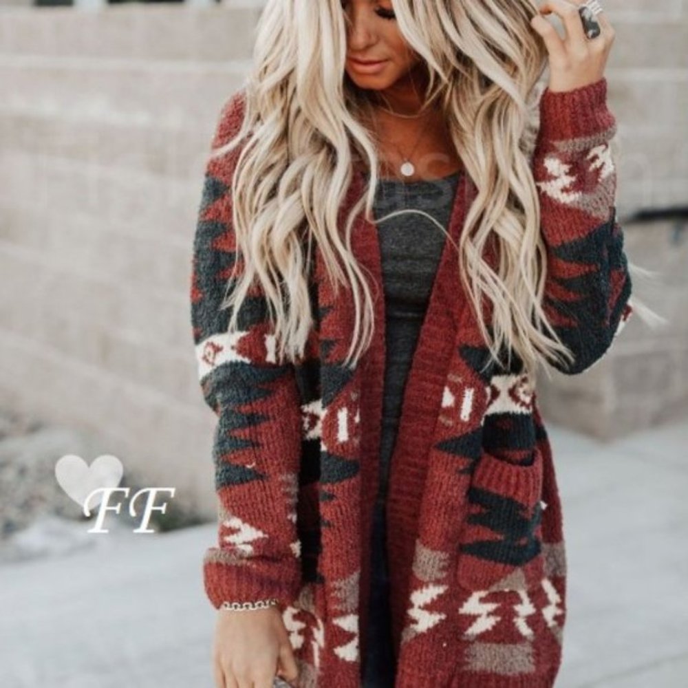 New Aztec Native Print Boho Blanket Cardigan Sweater - Picture 3 of 7